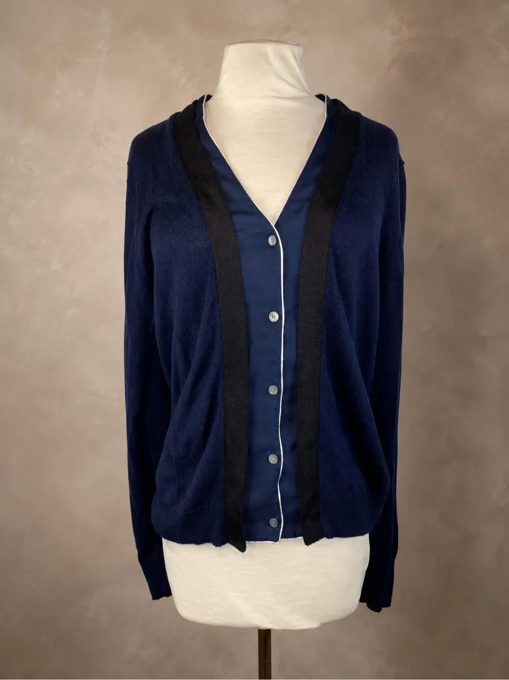 J.Crew Medium Harlow Merino Wool Cardigan Tipped Silk Underlay Navy
